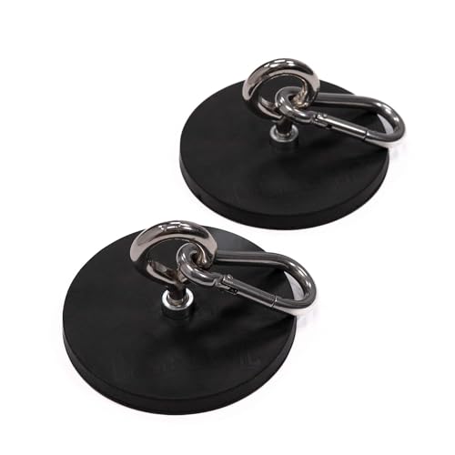 Campnetic Magnete 88mm mit Ösen & Karabinern 2er Set – ideal für Camping Sonnensegel, Tarp, Markise, Regenschutz, Magnet Karabiner u. Öse, Gummierte starke Haftmagnete bis 56kg, Sonnensegel Wohnwagen von Campnetic