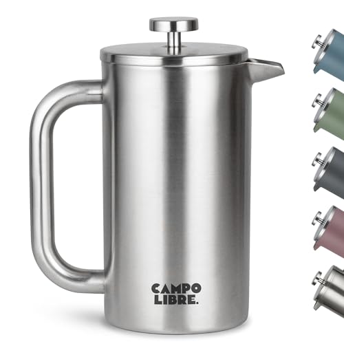 Campo Libre.® Giorgio. French Press I Kaffeebereiter aus doppelwandigem Edelstahl 1l I plastikfreie Kaffeepresse mit Thermofunktion inkl. Ersatzfilter I Kaffeezubereiter aus 100% recyceltem Edelstahl von Campo Libre.