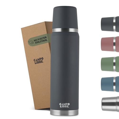 Campo Libre. Jaco® Thermoskanne 1L, 750ml, 500ml I Thermos mit Becher I Unsere Thermosflasche mind. 24h heiß I Isolierkanne mit Doppelwandisolierung ist zu 100% auslaufsicher & recycelter Edelstahl von Campo Libre.