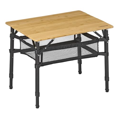 Campout Campingtisch - 65 x 50 x 65 cm - Klappbarer Gartentisch - Campingtisch Mit Schrank - Klapptisch - 3-Fach Höhenverstellbar - Inkl. Tragetasche - Bambus von Campout