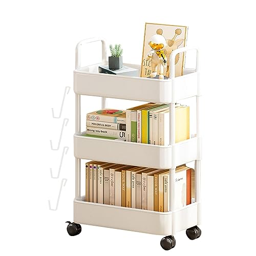 Campsie Rollender Bücherwagen | 3/4 Ebenen Rollwagen Mit Rädern Und Haken | Rollwagen Küche | Rollender Bibliotheks-Bücherwagen Multifunktions-Aufbewahrungswagen Für Küche, Schlafzimmer, Wohnzimmer von Campsie