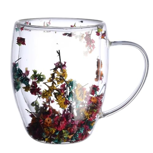 Doppelwandige Kaffeetasse | Tassen Mit Getrockneten Blumen | Glas-Kaffeetassen Mit Griff | Doppelwandige Isolierte Glasbecher | Kreative Kaffeetassen Für Heiße Getränke, Tee Oder Kaffee von Campsie