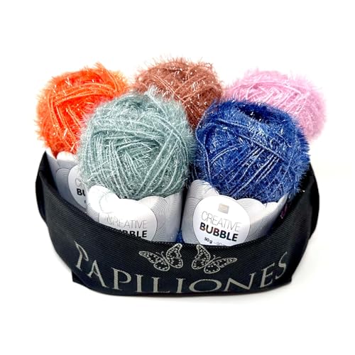 Camtiac Creative Bubble Garn Häkelgarn Strickgarn Bastelgarn Spülschwammgarn Patina Farben: 20 Flieder 21 Orange 22 Braun 23 Patina 24 Blau 5x50g inkl. Papiliones Tasche von Camtiac