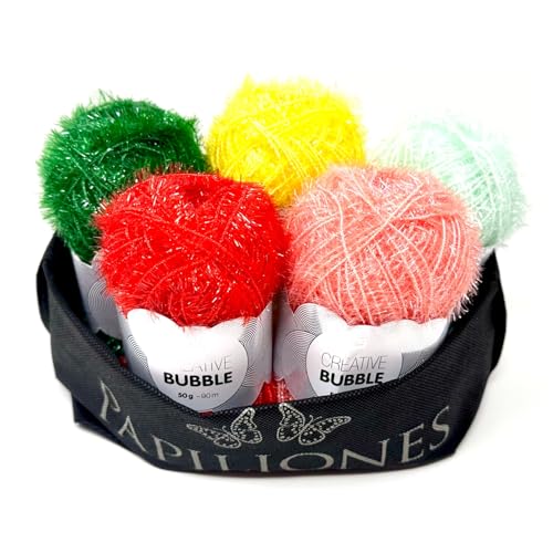 Camtiac Creative Bubble Garn Häkelgarn Strickgarn Bastelgarn Spülschwammgarn Sommer Farben: 2 Gelb 5 Melone 6 Rot 8 Mint 19 Tanne 5x50g inkl. Papiliones Tasche von Camtiac
