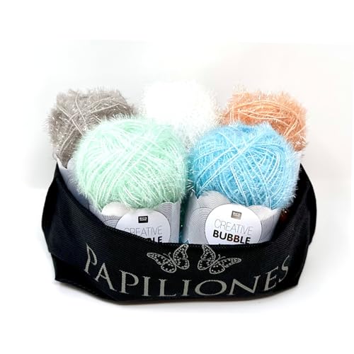 Camtiac Creative Bubble Garn Häkelgarn Strickgarn Bastelgarn Spülschwammgarn Pastell Farben: 7 Hellblau 8 Mint 10 Puder 11 Silber 13 Weiss irisierend 5x50g inkl. Papiliones Tasche von Camtiac