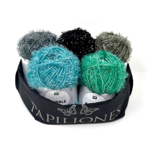 Camtiac Creative Bubble Garn Häkelgarn Strickgarn Bastelgarn Spülschwammgarn Türkis Farben: 9 Grün 12 Schwarz 36 Lind 37 Efeu 40 Türkis 5x50g inkl. Papiliones Tasche von Camtiac