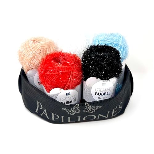 Camtiac Creative Bubble Garn Häkelgarn Strickgarn Bastelgarn Spülschwammgarn Maritim Farben: 1 Weiss 6 Rot 7 Hellblau 10 Puder 12 Schwarz 5x50g inkl. Papiliones Tasche von Camtiac