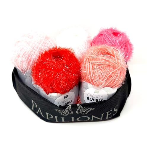Camtiac Creative Bubble Garn Häkelgarn Strickgarn Bastelgarn Spülschwammgarn Pink Farben: 1 Weiss 3 Rosa 4 Pink 5 Melone 6 Rot 5x50g inkl. Papiliones Tasche von Camtiac