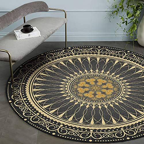 CanaDitan Rutschfester runder Teppich im Retro Boho-Ethno-Stil Schwarzes Gold 120CM von CanaDitan