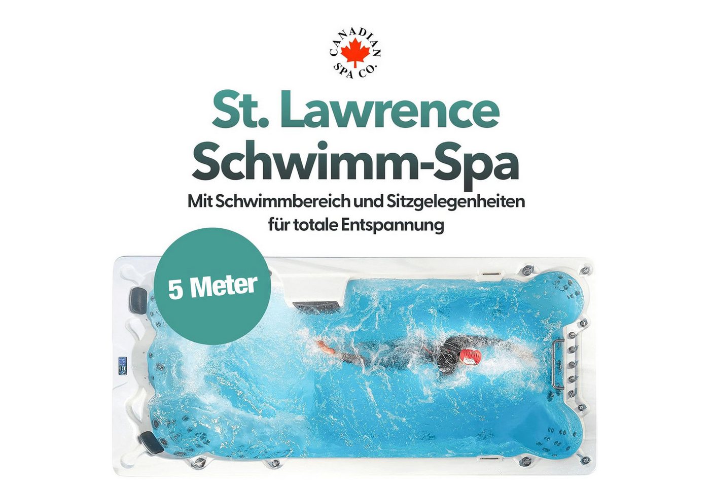 Canadian Spa GmbH Whirlpool St. Lawrence 5m Swim Spa, 500 cm x 228 cm, für 7 Personen, Inkl. UV & Ozon von Canadian Spa GmbH