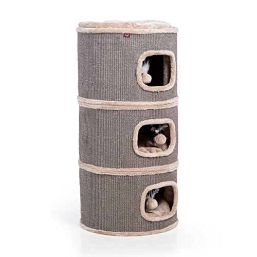 CanadianCat Company | Kratztonne Tony Höhe 90 cm, Spieltonne für Katzen ø 45 cm, Katzenkratzbaum mit 3 Höhlen, Katzenbaum, Kratzturm aus Sisal, Katzenmöbel, Plüsch, Beige von CanadianCat Company