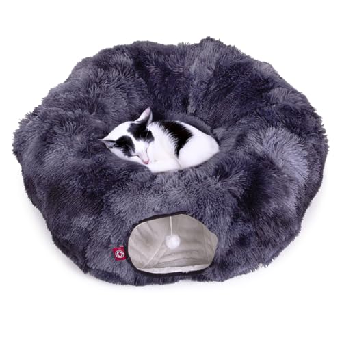 CanadianCat Company | Premium Katzentunnel mit Schlafplatz Otis Dunkelgrau Kuschelfell Innenbezug Katzentunnel Große Katzen XXL 2-in-1 Donut Tunnel für Katzen inkl. flauschigem Liegekissen von CanadianCat Company