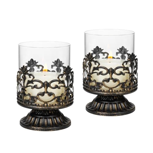 Candeldo Deko Vintage Gothic Kerzenständer Schwarz: 2er Set Windlicht Kerzenleuchter Kerzenhalter Metall Landhaus Dekoration Wohnzimmer Fensterdeko Barock Deko Windlichter Halloween von Candeldo