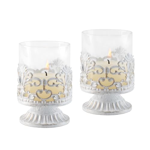 Candeldo Deko Vintage Gothic Kerzenständer Weiss: 2er Set Windlicht Kerzenleuchter Kerzenhalter Metall Landhaus Dekoration Wohnzimmer Fensterdeko Barock Deko Windlichter Halloween von Candeldo