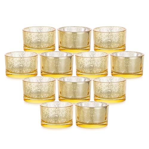 Candeldo Teelichthalter Gold Teelichtgläser Kerzengläser: 12 Stück Windlicht Klein Teelichter Glas Deko Gold Tischdeko Hochzeit Weihnachten Adventskranz von Candeldo
