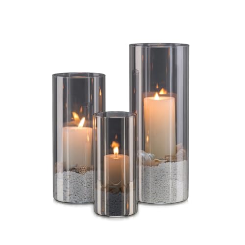 Candeldo Windlicht Glas Glaszylinder Kerzenständer: 3er Set Schwarz Kerzenhalter Groß Windlicht Outdoor Deko Tisch Wohnzimmer Garten Vase Modern Windlichter Draußen und Drinnen Stumpenkerze Teelicht von Candeldo