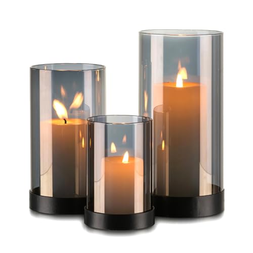 Candeldo Windlicht Glas Glaszylinder Windlichter: 3er Set Windlicht Schwarz Metall Kerzenhalter Windlicht Outdoor Deko Tisch Wohnzimmer Garten Vase Modern Windlichter Draußen und Drinnen Teelicht von Candeldo