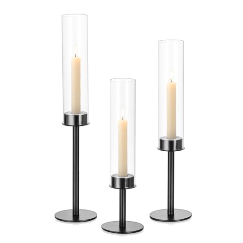 Kerzenständer Glas Kerzenhalter Stabkerzenhalter Schwarz: Candeldo 3er Set Windlicht Kerzenleuchter Modern Kerzenhalter für Stabkerzen Glaszylinder Deko Wohnzimmer Weihnachten Tischdeko von Candeldo