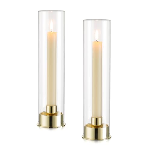 Kerzenständer Gold Kerzenhalter Glas Windlicht: Candeldo 2er Set Kerzenleuchter Stabkerzenhalter mit Glaszylinder Hochzeit Weihnachten Deko Tischdeko Vintage Kerzenhalter für Stabkerzen von Candeldo