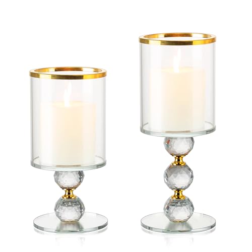 Windlichter Glas Kerzenständer Deko Gold: Candeldo 2er Set Kristall Kerzenhalter Groß Deko Wohnzimmer Hochzeit Tisch Weihnachten Kerzenhalter für Stumpenkerzen von Candeldo