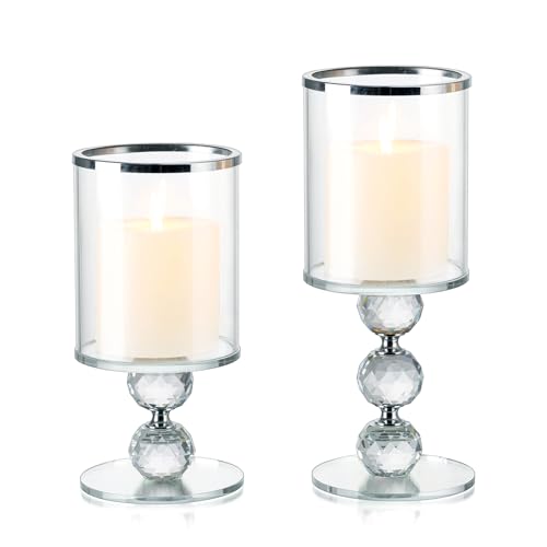 Windlichter Glas Kerzenständer Deko Silber: Candeldo 2er Set Kristall Kerzenhalter Groß Deko Wohnzimmer Tisch Hochzeit Weihnachten Kerzenhalter für Stumpenkerzen von Candeldo