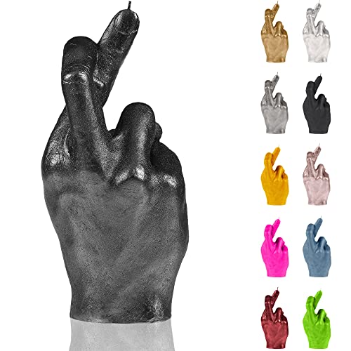 Candellana Kerze Gekreuzte Finger, Höhe: 19,4 cm, Schwarz Metallic, Brennzeit 30h, Kerzengröße gleicht 1:1 Einer realen Hand, Handgefertigt in der EU von Candellana