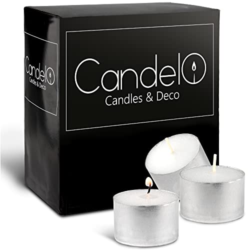 Candelo 100 XXL Teelichter mit 8 Stunden langer Brenndauer - Großpackung Teelichter in Aluminium Hülle geruchsneutral in Weiß - Universal Alu Teelichter von Candelo