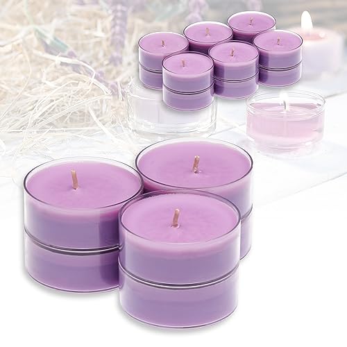 Candelo 12er Set XXL Duft Kerzen Ambiente - Vanille-Lavendel - Jumbo Teelicht in Kunststoff Hülle - 8 Std Brenndauer - Große Teelichter in Lila von Candelo