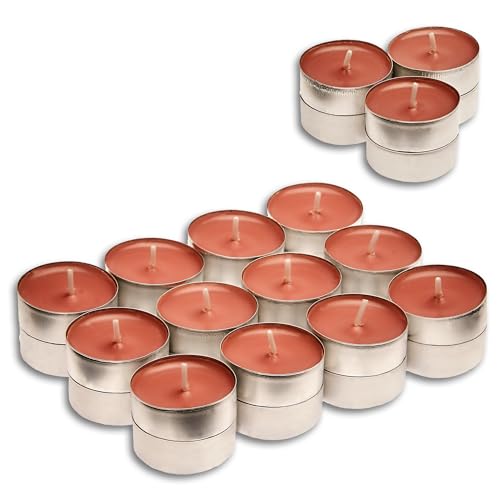 Candelo 24er Set Duft Kerze - Duftteelichter Sandel Holz Geruch - Teelicht 4 Std Brenndauer - Duftkerze 3,6 x 1,4cm Aroma Wellness Kerze mit sanftem Holzduft von Candelo