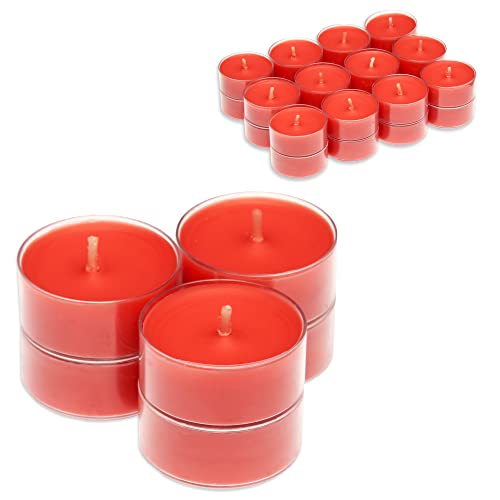Candelo 24er Set Duft Kerzen Ambiente - Duftteelichter Erdbeere - Teelicht in Kunststoff Hülle je 1,7 x 3,8cm - 4Std Brenndauer – Teelichter in Rot von Candelo