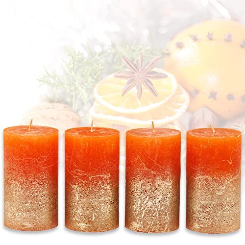 Candelo 4er Set Ambiente Rustic Stumpenkerzen - Orange Metallic Silber - Rustik Kerze 12cm - Brenndauer ca. 54 Stunden Weihnachtskerzen Adventskranz von Candelo