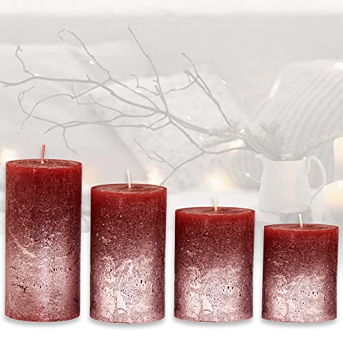 Candelo 4er Set Rustik Kerzen Weihnachten - Adventskerze - Bordeaux Metallic Silber - 8/10/12/14cm - Stumpenkerze Adventskranzkerze Weihnachtskerze, Bordeaux Silber, Vil-92396 von Candelo