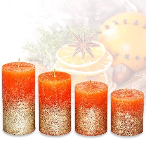 Candelo 4er Set Rustik Kerzen Weihnachten - Adventskerze - Orange Metallic Gold - 8/10/12/14cm - Stumpenkerze Adventskranzkerze Weihnachtskerze von Candelo