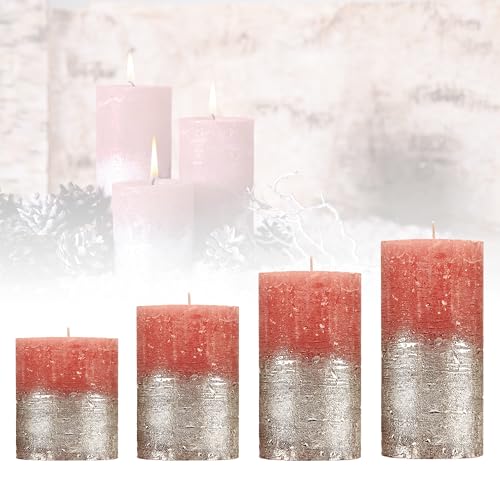 Candelo 4er Set Rustik Kerzen Weihnachten - Adventskerze Rustic - Rosa Metallic Silber - 8/10/12/14cm- Stumpenkerze Adventskranzkerze Weihnachtskerze von Candelo