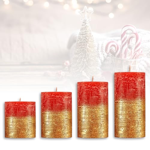 Candelo 4er Set Rustik Kerzen Weihnachten - Adventskranz Kerze - Rot Metallic Gold - 8/10/12/14cm - Stumpenkerze Adventskranzkerze Weihnachtskerze von Candelo