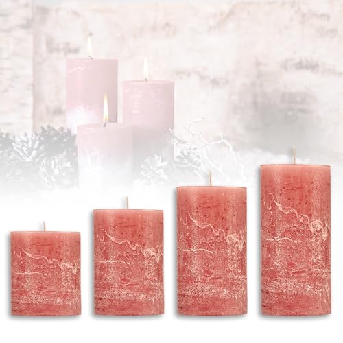 Candelo 4er Set Rustik Kerzen Weihnachten - Adventskranz Kerze Rustic - zartes Rosa - 8/10/12/14cm - Stumpenkerze Adventskranzkerze Weihnachtskerze von Candelo