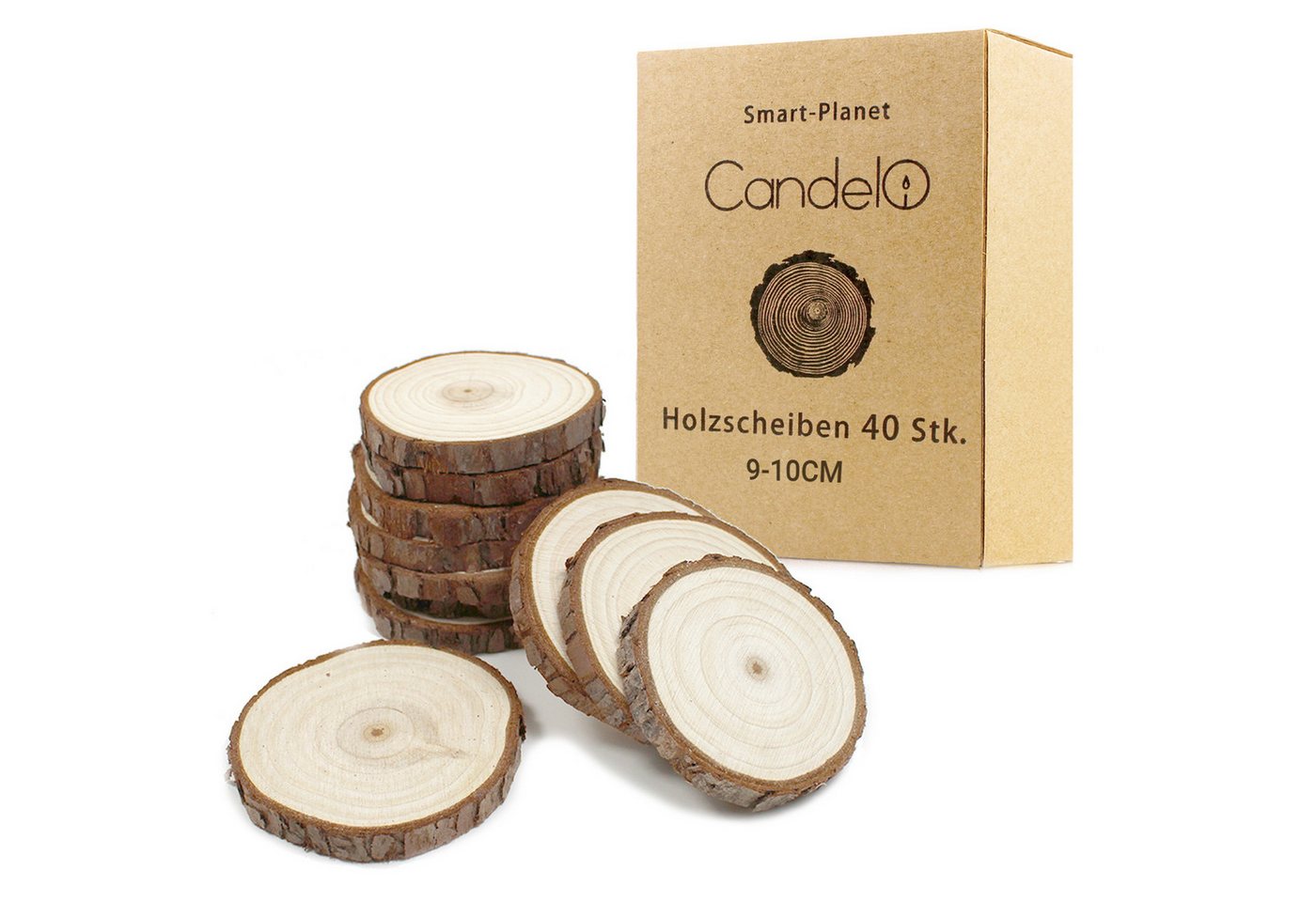 Candelo Kantholz 40 Holzscheiben - Rund 9 - 10 cm Durchmesser ohne Loch aus Naturholz, (Set 40-tlg), - glatte Untersetzer zum Basteln - Holz Log Deko von Candelo