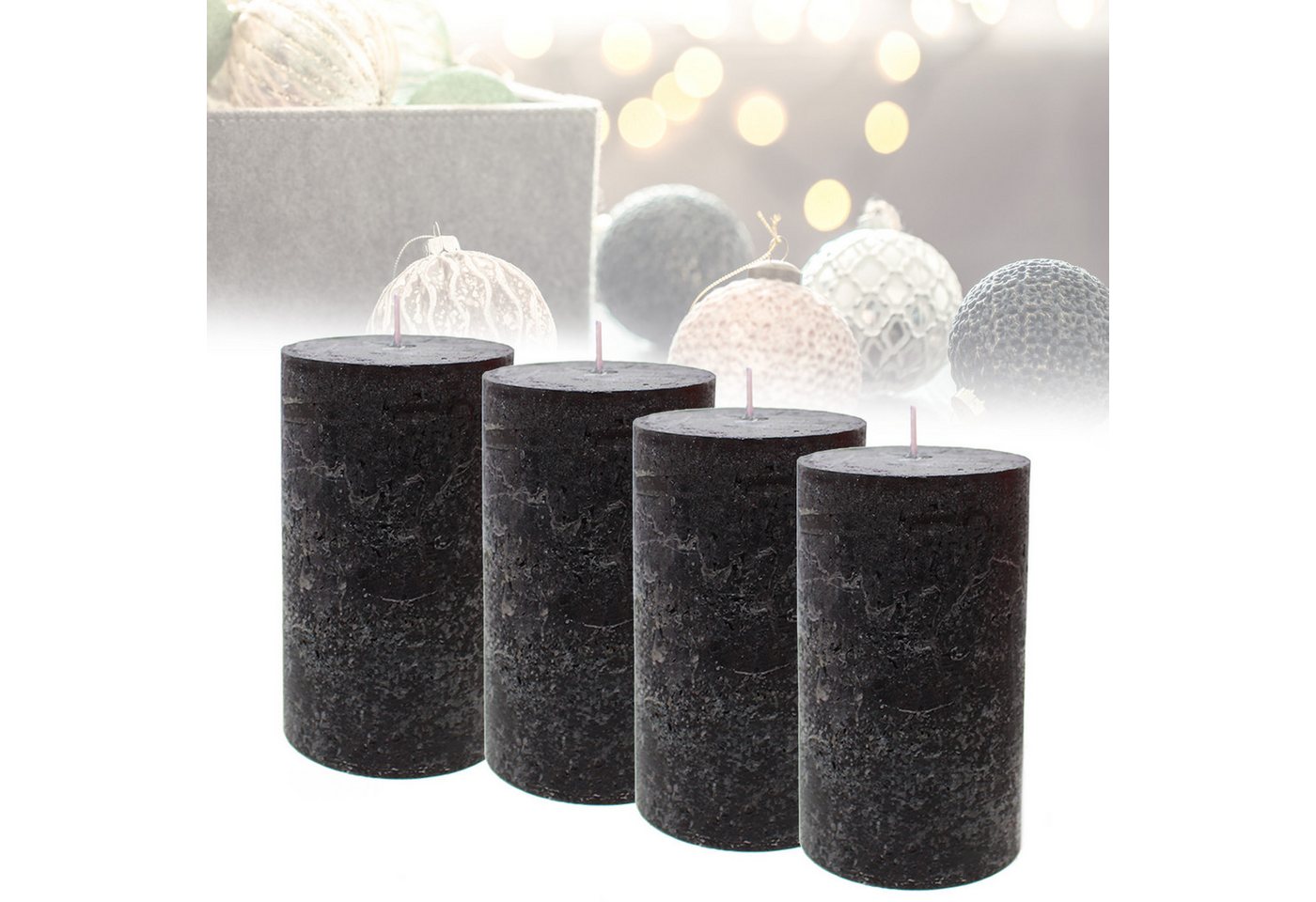 Candelo Stumpenkerze Kerzen Ambiente Rustic Stumpenkerzen - Schwarz - große Rustik Kerze (4er Set, 4-tlg., 12cm), lange Brenndauer ca. 54 Std Weihnachtskerzen Adventskranz von Candelo