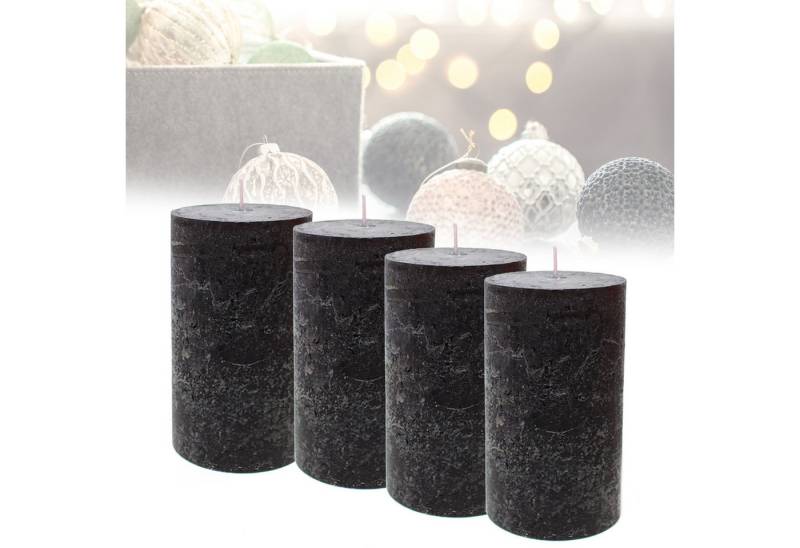 Candelo Stumpenkerze Kerzen Ambiente Rustic Stumpenkerzen - Schwarz - große Rustik Kerze (4er Set, 4-tlg., 12cm), lange Brenndauer ca. 54 Std Weihnachtskerzen Adventskranz von Candelo
