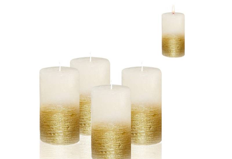 Candelo Stumpenkerze Rustik Stumpenkerzen Weiß Gold 4er Set – Kerzen 12cm 54h Advent von Candelo