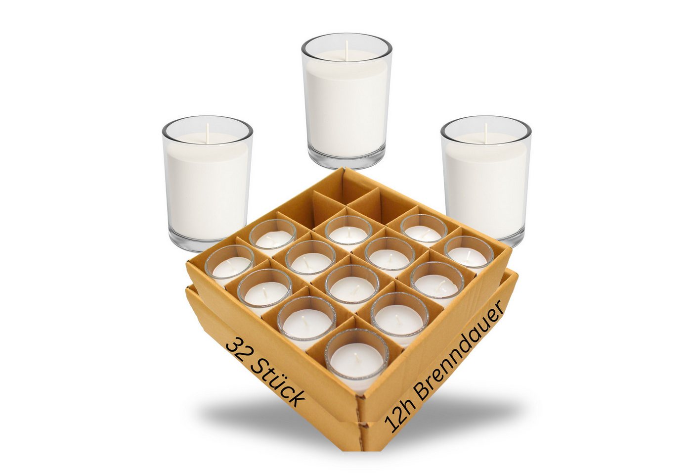 Candelo Teelicht Votivkerzen 32 Kerzen im Glas - Weiß - 12 Stunden Brenndauer (Set, 32-tlg), ohne Duft für Dekoration - und als DIY gedacht von Candelo