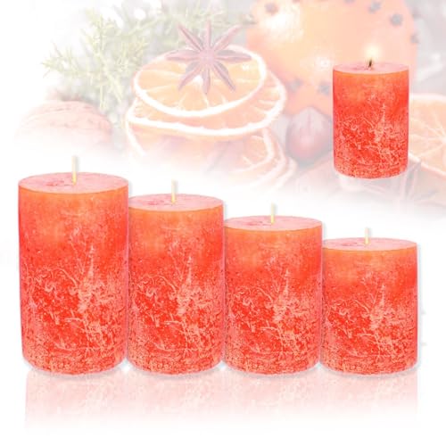 Smart-Planet 4er Set Rustik Kerzen Ambiente Weihnachten - Adventskranz Rustic - Farbe Winter Orange - 8/10/12/14cm - Stumpenkerze Advent Weihnachtskerze von Candelo