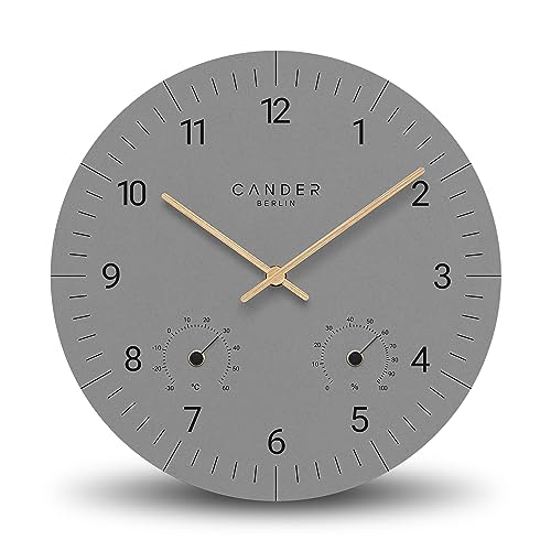 Cander Berlin MNU 2630 X Wanduhr MDF lautlos ohne Tickgeräusche 30 cm Temperatur Luftfeuchtigkeit analog grau Holzzeiger von Cander Berlin