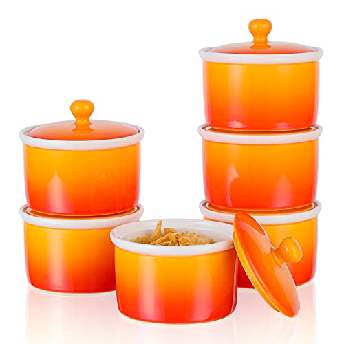 240ml Soufflé Förmchen Porzellan mit Deckel, Candiicap 6er Set Auflaufform zum Backen, Pudding, Crème Brûlée, Dip zum Servieren, Ofen-, Mikrowellen- und Spülmaschinenfest (240ml,Tropische Orange) von Candiicap