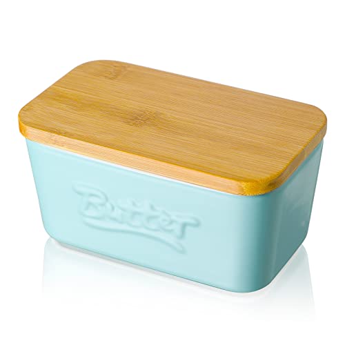 Butterdose Porzellan, Candiicap Butterschale mit Holzdeckel, Keramik Butterhalter für Butteraufbewahrung und Heimküchendekoration. (Matt Blau) von Candiicap