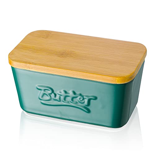 Butterdose Porzellan, Candiicap Butterschale mit Holzdeckel, Keramik Butterhalter für Butteraufbewahrung und Heimküchendekoration. (Matt Grün) von Candiicap