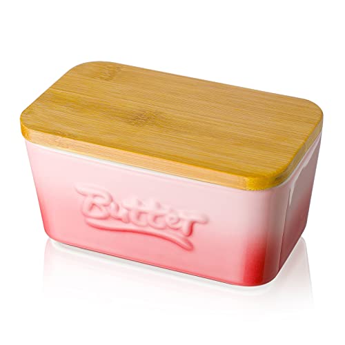 Butterdose Porzellan, Candiicap Butterschale mit Holzdeckel, Keramik Butterhalter für Butteraufbewahrung und Heimküchendekoration. (Sakura Rosa) von Candiicap