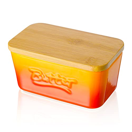 Butterdose Porzellan, Candiicap Butterschale mit Holzdeckel, Keramik Butterhalter für Butteraufbewahrung und Heimküchendekoration. (Tropische Orange) von Candiicap
