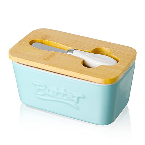 Butterdose Porzellan, Candiicap Butterschale mit Holzdeckel und Buttermesser, Keramik Butterhalter für Butteraufbewahrung und Heimküchendekoration. (Matt Blau) von Candiicap
