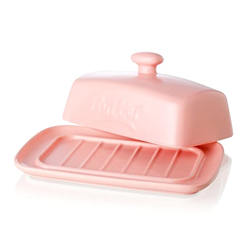 Butterdose Porzellan mit Deckel, Candiicap Große Butterschale für die Arbeitsplatte, Keramik Butterhalter zur Aufbewahrung von Butter, Spülmaschinenfest (Matt Rosa) von Candiicap